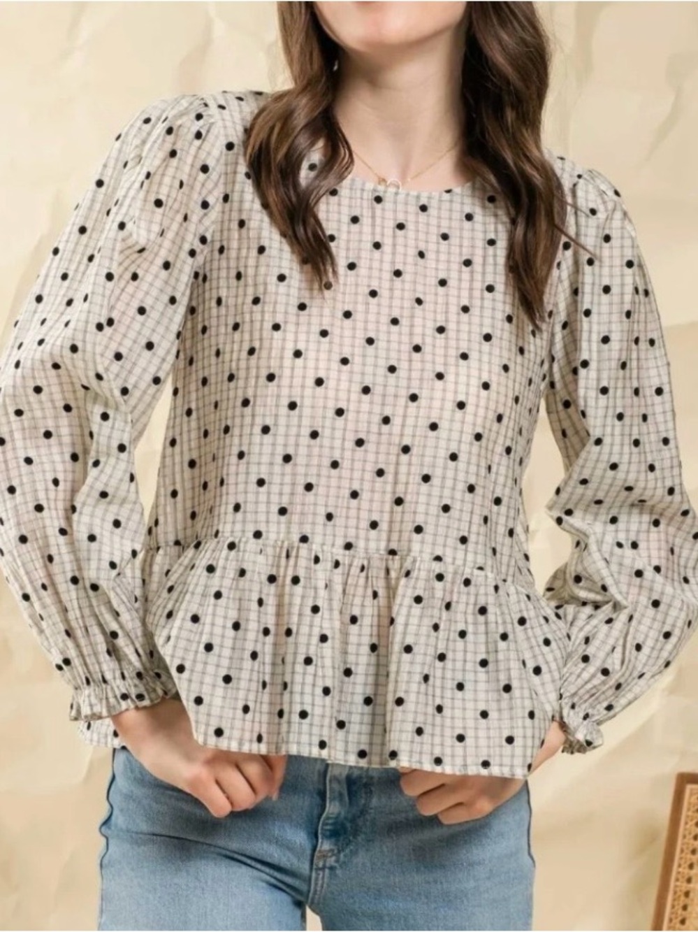 Blue Pepper Polka Dot Peplum Top Black Bow Medium